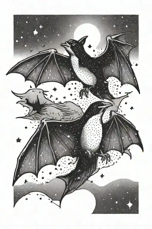 A dotwork tattoo of a bat and penguin flying together in a starry night sky tattoo design idea