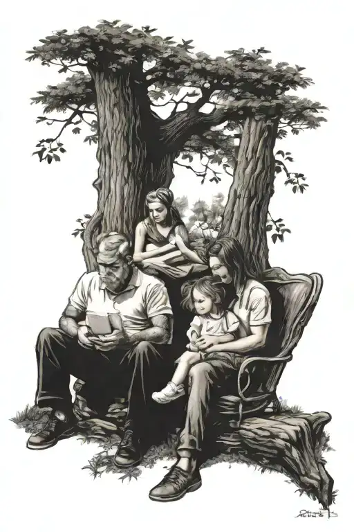 memorial tattoo for dad, working dad , reading girl sitting under tree tattoo design idea