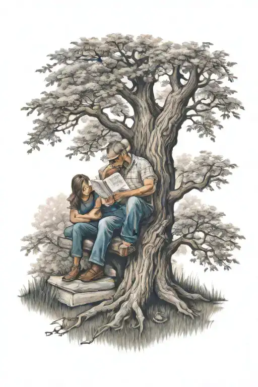 memorial tattoo for dad, working dad , reading girl sitting under tree tattoo design idea