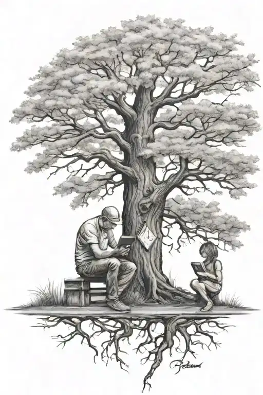 memorial tattoo for dad, tree, reading girl sitting under tree tattoo design idea