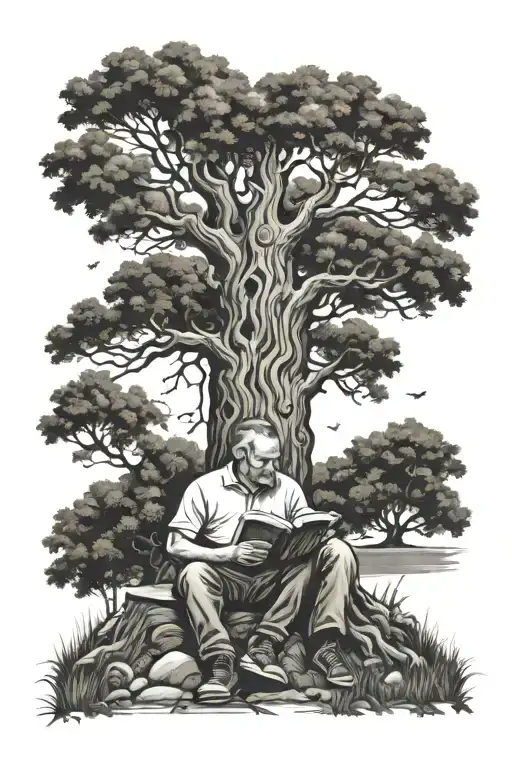 memorial tattoo for dad,  dad sitting under a tree, his daugther is reading a book tattoo design idea