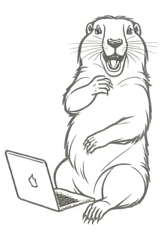 a screaming marmot showing the middle finger on one paw and holding a MacBook with the other paw tattoo design idea