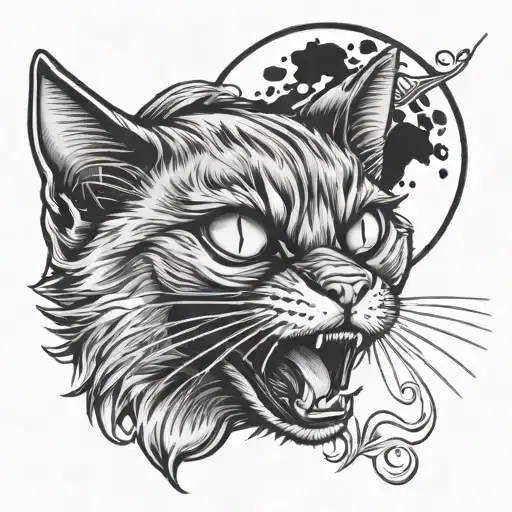black cat with open mouth and moon tattoo design idea