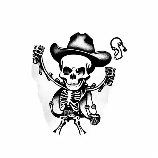 skeleton cowboy  holding a revolver and a beer tattoo design idea