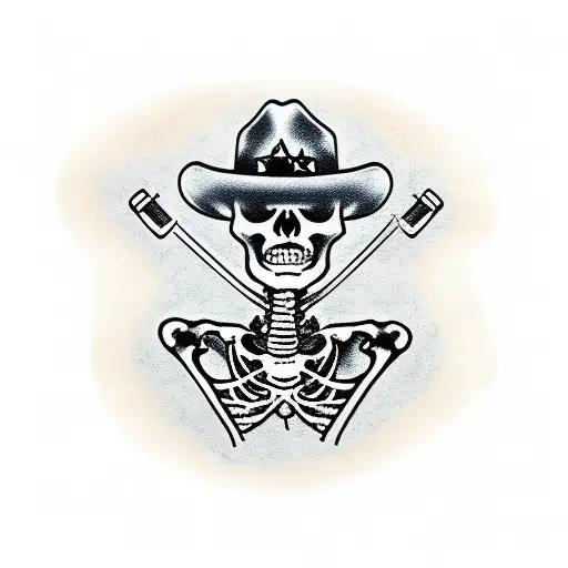 skeleton cowboy  holding a revolver and a beer tattoo design idea