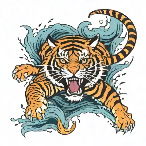 A fierce tiger with Viking-inspired tattoos, leaping over rivers of molten lava in a dramatic scene tattoo design idea