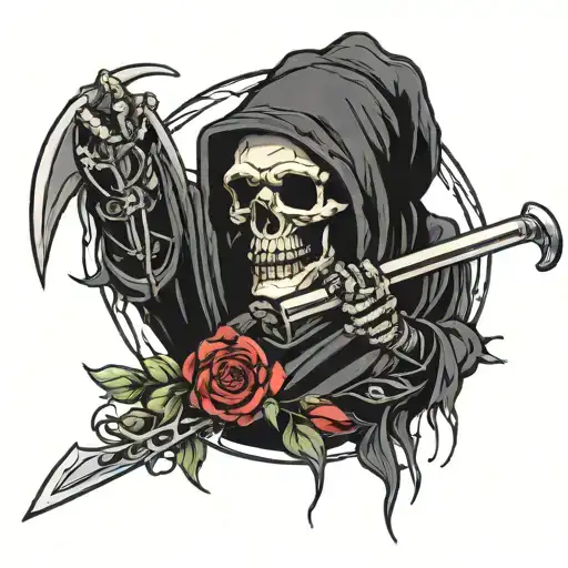 rose wrapped, grim reaper with scythe, sword tattoo design idea