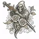 rose, grim-reaper, sword, tattoo design idea