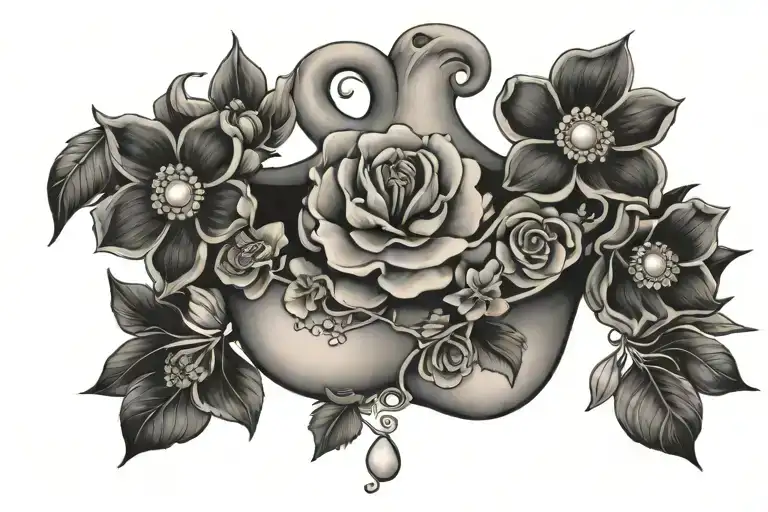 Chest and collarbones with flowers and a pearl in the center tattoo design idea