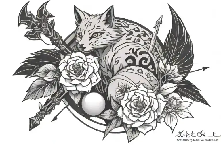 Chest and collarbones with flowers, geometric elements, the shikon pearl (from Inuyasha) in the center and two arrows tattoo design idea