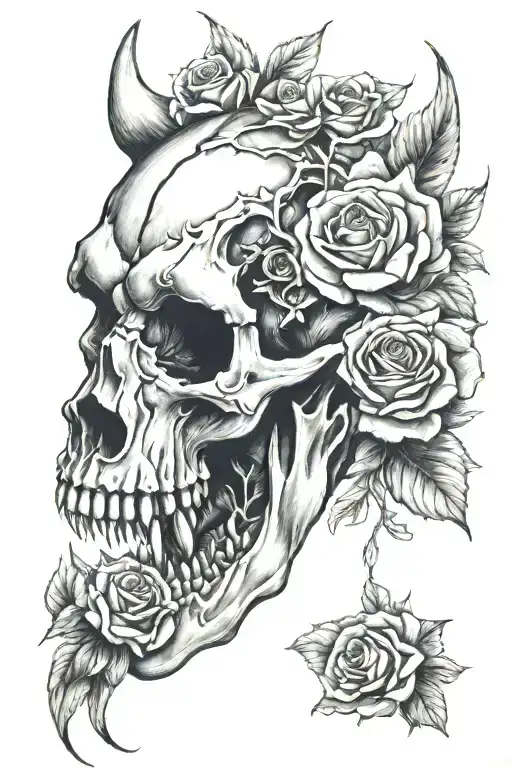 saber-toothed tiger skull in roses tattoo design idea