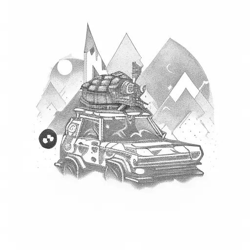 A stylized hometown skyline with hidden video game references and turtles tattoo design idea