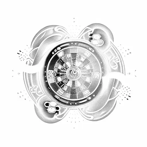 A roulette wheel surrounded by smoke and playing cards in the style of blackwork tattoo design idea