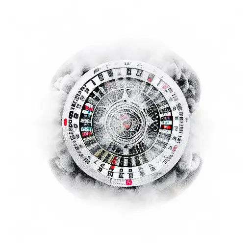 A roulette wheel surrounded by smoke and playing cards in the style of blackwork tattoo design idea