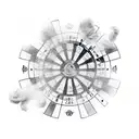 A roulette wheel surrounded by smoke and playing cards in the style of blackwork tattoo design idea