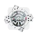 A roulette wheel surrounded by smoke and playing cards in the style of blackwork tattoo design idea