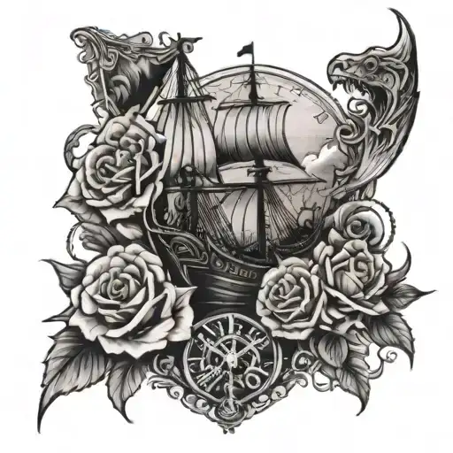 see you in valhalla with Viking ship and time and roses tattoo design idea