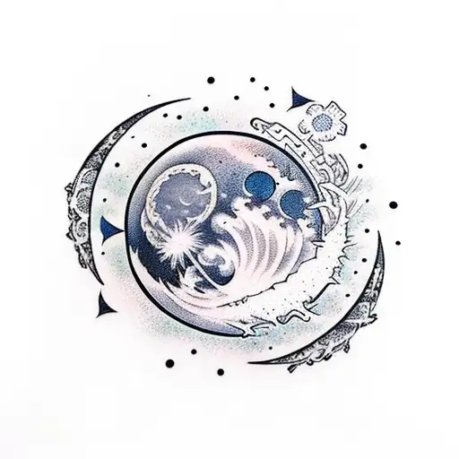 Moon and starship tattoo design idea