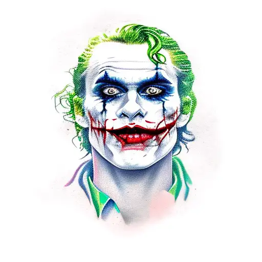 A realistic portrait of the Joker surrounded by roses tattoo design idea