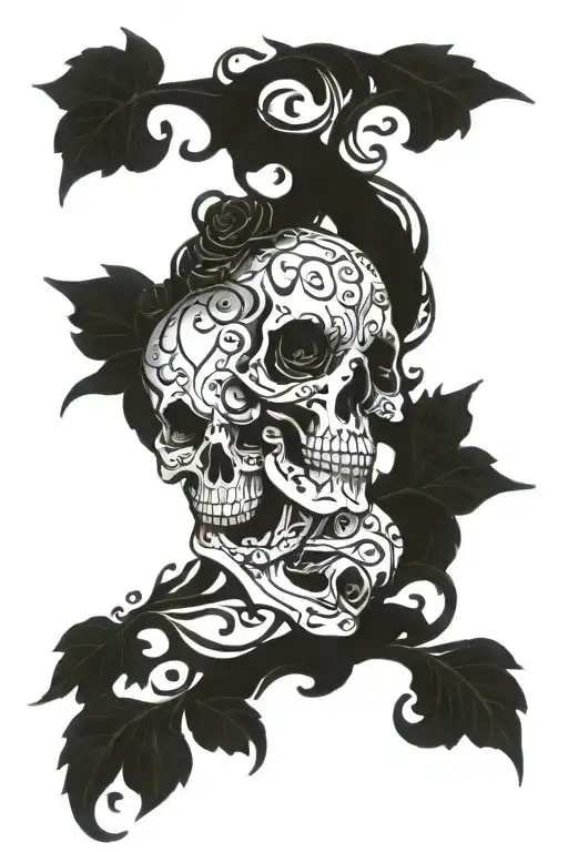 female skull on filigree vine intertwined tattoo design idea