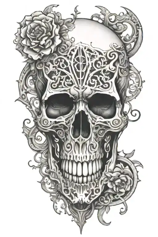 black and white skull sounded by biomechanical filigree tattoo design idea