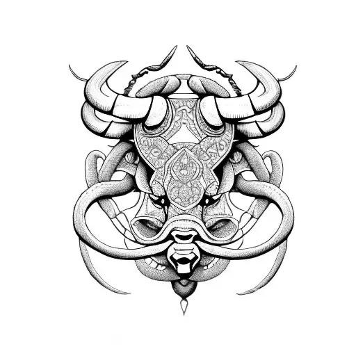 A beautifully intricate design of a bull and scorpion intertwined, symbolizing balance and harmony tattoo design idea