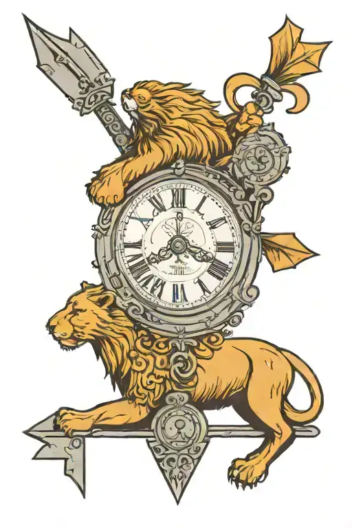 forward arrow, lion, time clock with roman numeral number, august 4 1995 roman numeral, tattoo design idea