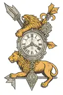 forward arrow, lion, time clock with roman numeral number, august 4 1995 roman numeral, tattoo design idea