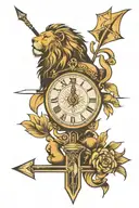 forward arrow, lion, time clock with roman numeral number, august 4 1995 roman numeral, tattoo design idea
