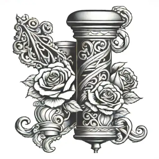 A barber pole intertwined with rose vines tattoo design idea