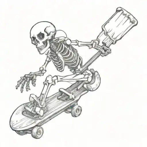 A skeleton doing a kickflip on a skateboard with a guitar strapped to its back tattoo design idea