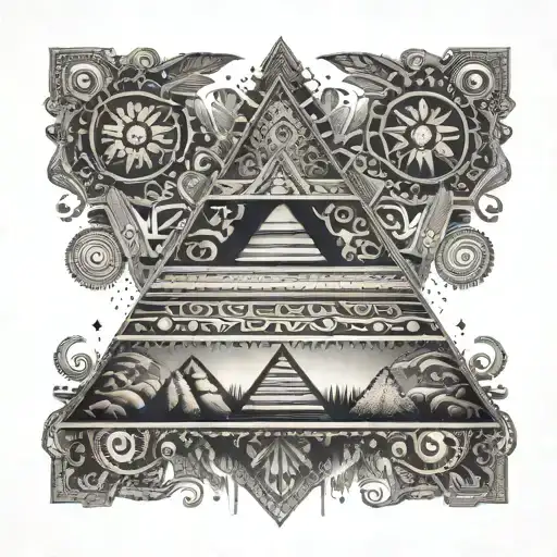 Pyramid made of tribal music symbols with Aztec patterns tattoo design idea