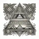 Pyramid made of tribal music symbols with Aztec patterns tattoo design idea