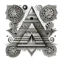 Pyramid made of tribal music symbols with Aztec patterns tattoo design idea