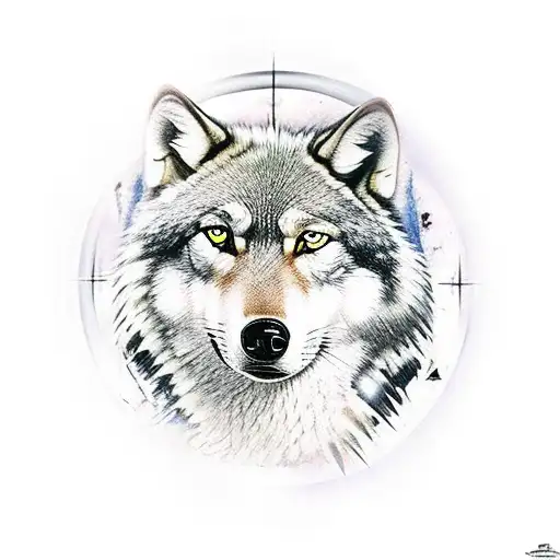 Native American Chief standing next to a wolf looking up in the night sky with an arura borialis tattoo design idea