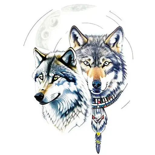 Native American Chief standing next to a wolf looking up in the night sky with an arura borialis tattoo design idea