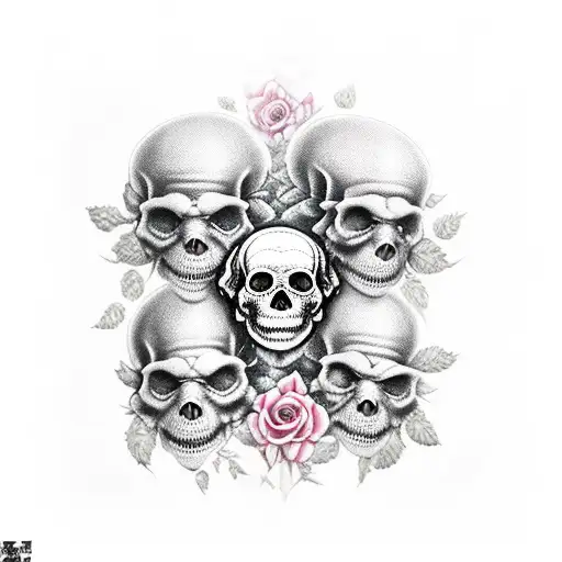 see no evil, hear no evil, speak no evil skulls with roses and a banner tattoo design idea