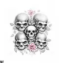 see no evil, hear no evil, speak no evil skulls with roses and a banner tattoo design idea