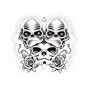 see no evil, hear no evil, speak no evil skulls with roses and a banner tattoo design idea