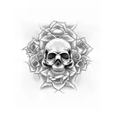 see no evil, hear no evil, speak no evil skulls with roses and a banner tattoo design idea
