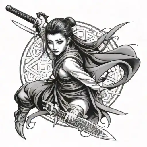 asian girl face ninja sword  tattoo design idea