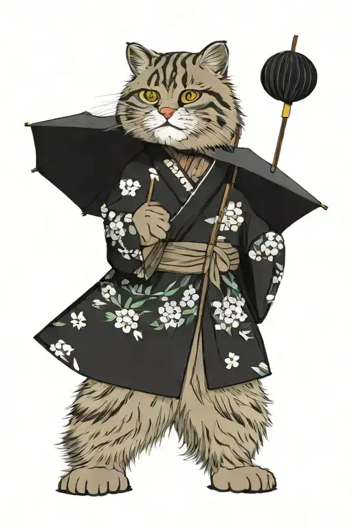 Pallas cat in kimono  holding umbrella. behind there are black and white wave background with sakuras leafs and tree  tattoo design idea