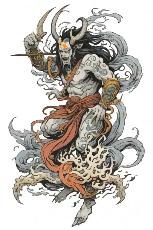 Incorporate elements of Japanese ukiyo-e art style into a tattoo of a mythical god, such as Amaterasu or Susanoo tattoo design idea