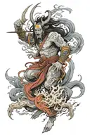 Incorporate elements of Japanese ukiyo-e art style into a tattoo of a mythical god, such as Amaterasu or Susanoo tattoo design idea