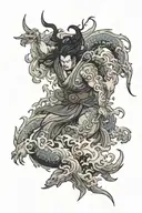 Incorporate elements of Japanese ukiyo-e art style into a tattoo of a mythical god, such as Amaterasu or Susanoo tattoo design idea