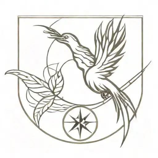 a mix with of a compass, a phoenix, the creation of adam and music waves tattoo design idea