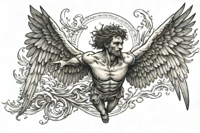 Icarus flies swiftly over the sea and his wings are burning tattoo design idea