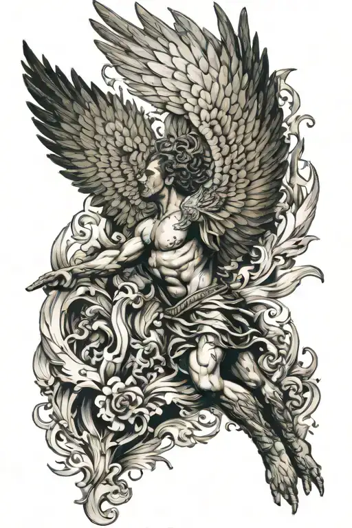 Icarus flies rapidly over the sea and his wings begin to burn tattoo design idea