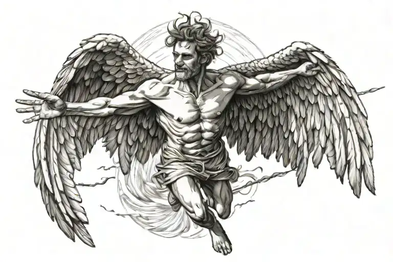 Icarus flies rapidly over the sea and his wings begin to burn tattoo design idea