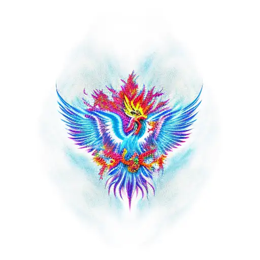 Phoenix rising from the ashes, with bright colors like red and purple. tattoo design idea